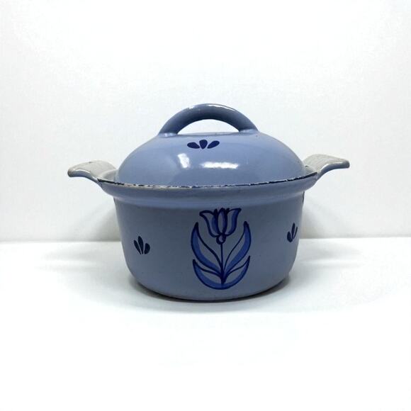 Vintage DRU Holland Blue Tulip Enamel Cast Iron #12 Round Baker Dutch Oven 70s - Picture 2 of 5